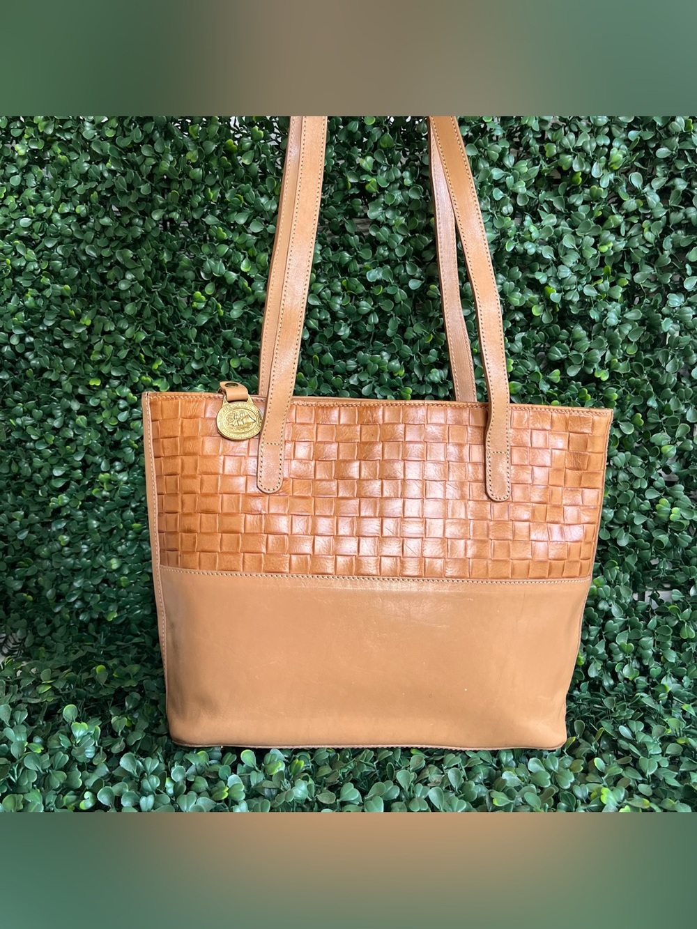BRAHMIN Tan Leather Woven Textured Intrecciato Tote Shoulder Bag